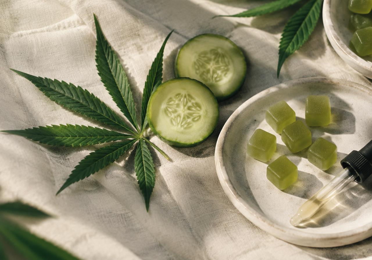 Hemp leaves and green CBD gummies on natural linen